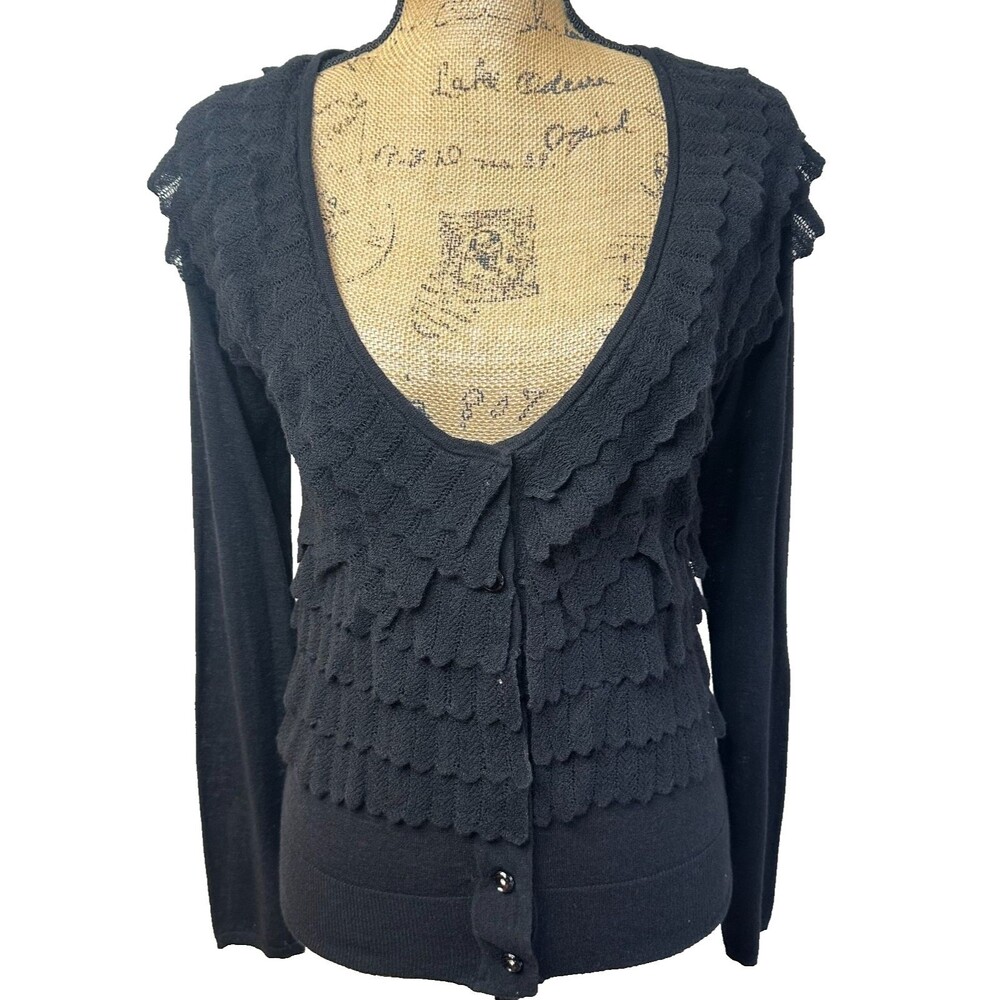 Leifsdottir Black Ruffle Scallop Pointelle Wool Cardigan Sz M Anthropologie
